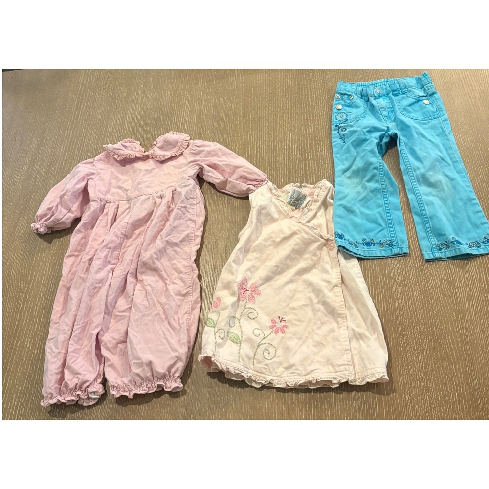 Vtg Y2K Girls 3Pc Lot 2T Pink Romper Dress Blue Embroidered Cherokee Pants EUC